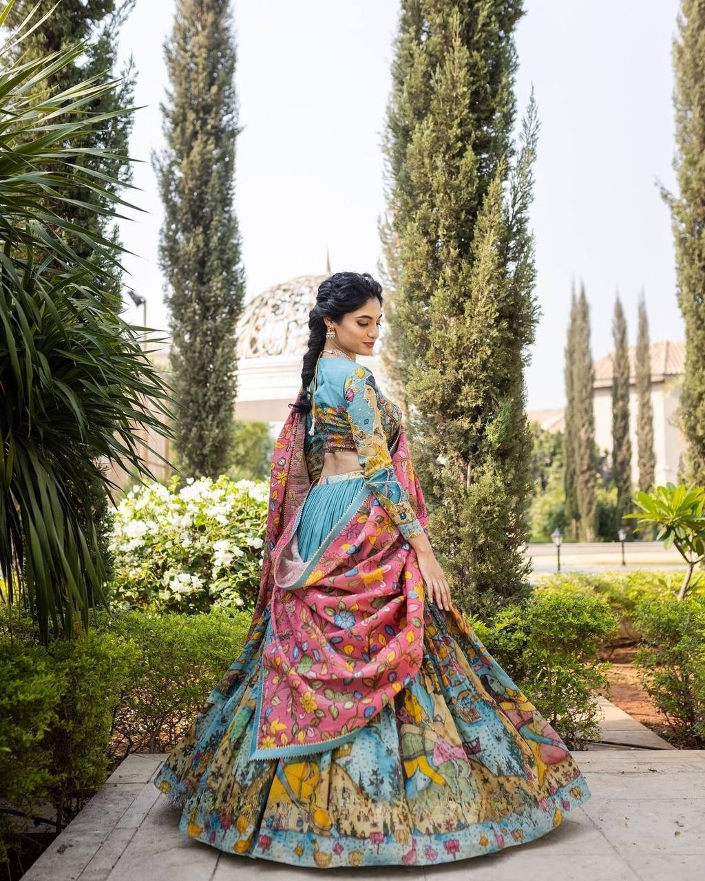 Hand-Painted Radha Krishna Lehenga Set – Teal & Pink Ethnic Outfit with Mythological Art & Floral Dupatta