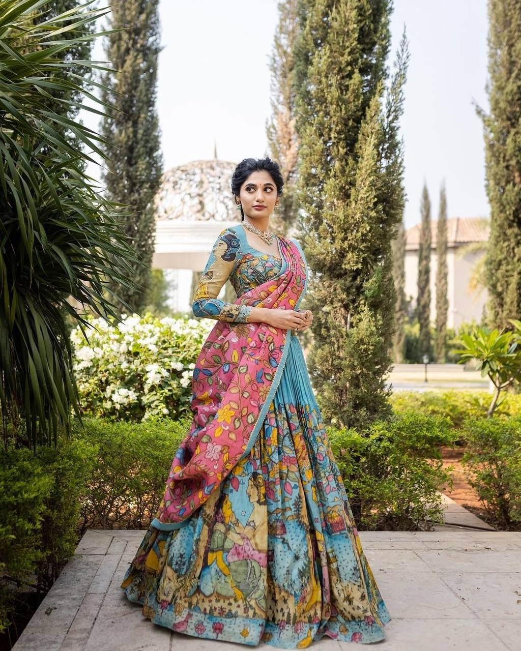 Hand-Painted Radha Krishna Lehenga Set – Teal & Pink Ethnic Outfit with Mythological Art & Floral Dupatta