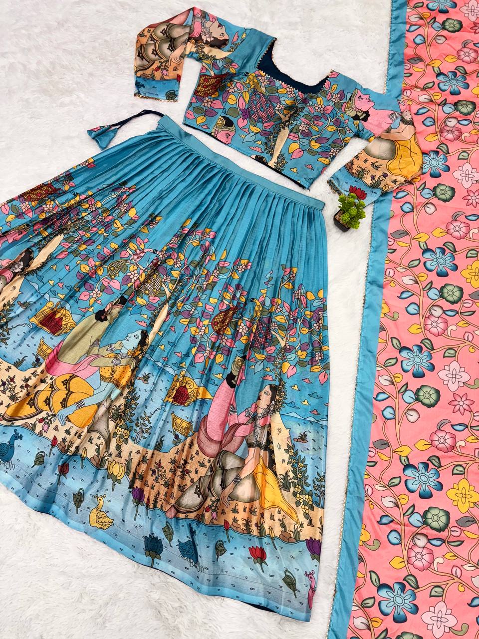 Hand-Painted Radha Krishna Lehenga Set – Teal & Pink Ethnic Outfit with Mythological Art & Floral Dupatta
