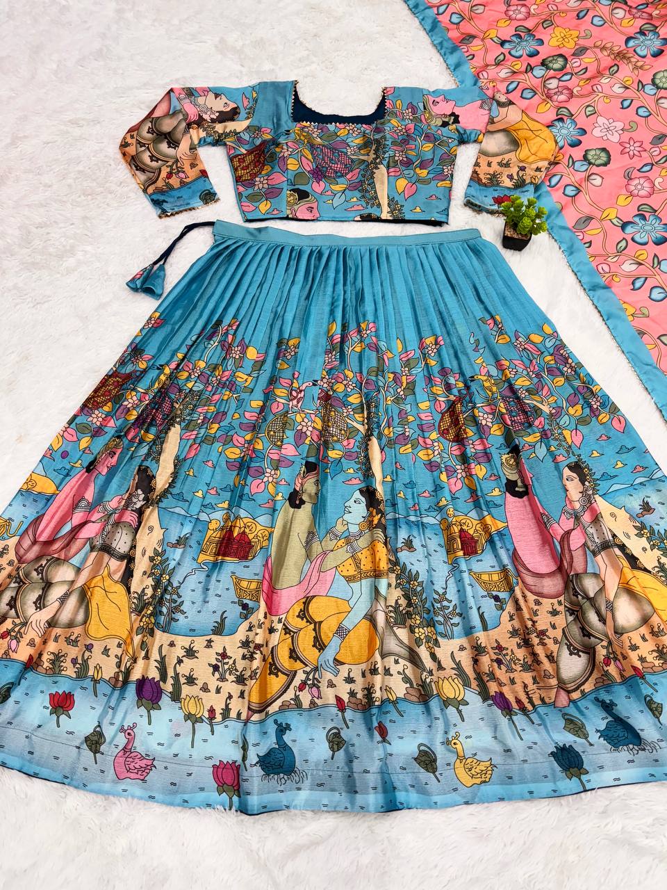 Hand-Painted Radha Krishna Lehenga Set – Teal & Pink Ethnic Outfit with Mythological Art & Floral Dupatta