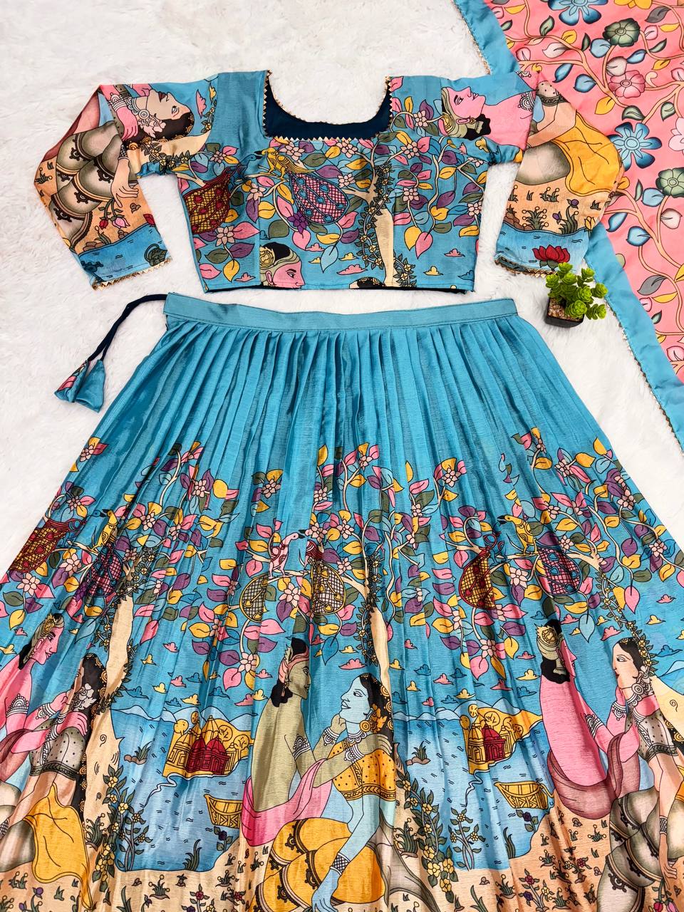Hand-Painted Radha Krishna Lehenga Set – Teal & Pink Ethnic Outfit with Mythological Art & Floral Dupatta