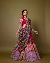 Hand-Painted Botanical & Animal Motif Lehenga Set – Elegant Maroon & Lavender Designer Ethnic Wear