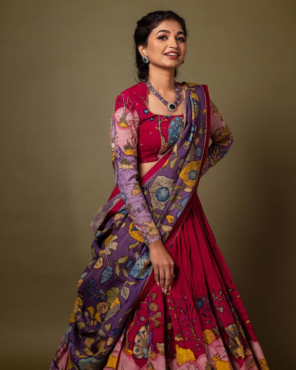 Hand-Painted Botanical & Animal Motif Lehenga Set – Elegant Maroon & Lavender Designer Ethnic Wear