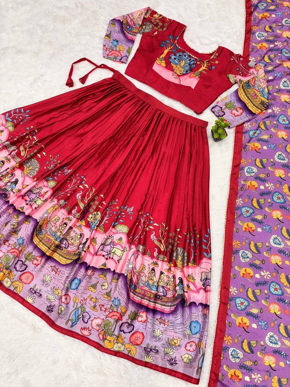 Hand-Painted Botanical & Animal Motif Lehenga Set – Elegant Maroon & Lavender Designer Ethnic Wear