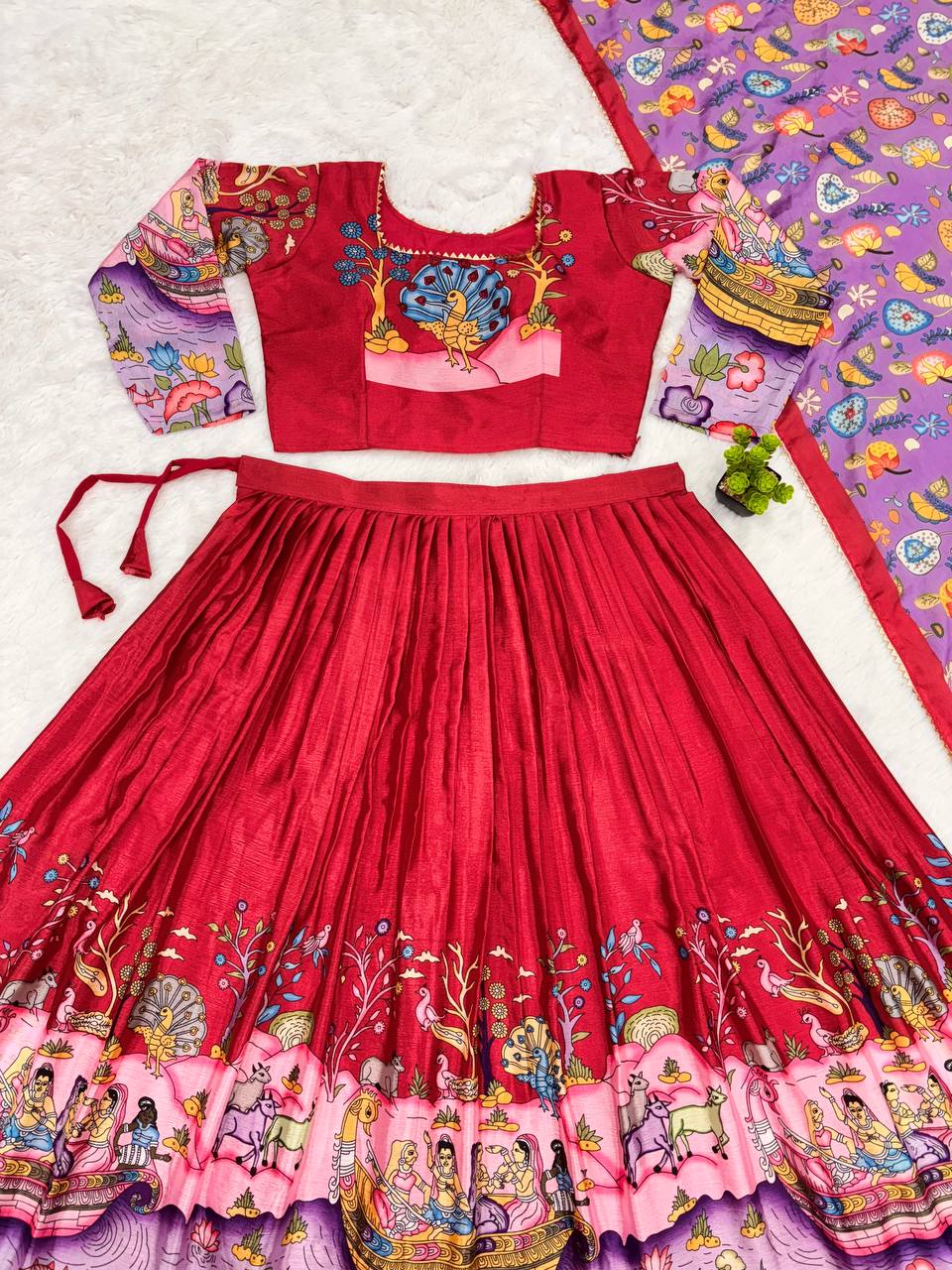 Hand-Painted Botanical & Animal Motif Lehenga Set – Elegant Maroon & Lavender Designer Ethnic Wear