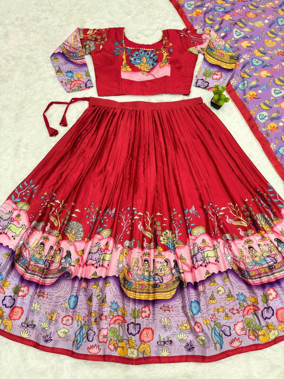 Hand-Painted Botanical & Animal Motif Lehenga Set – Elegant Maroon & Lavender Designer Ethnic Wear