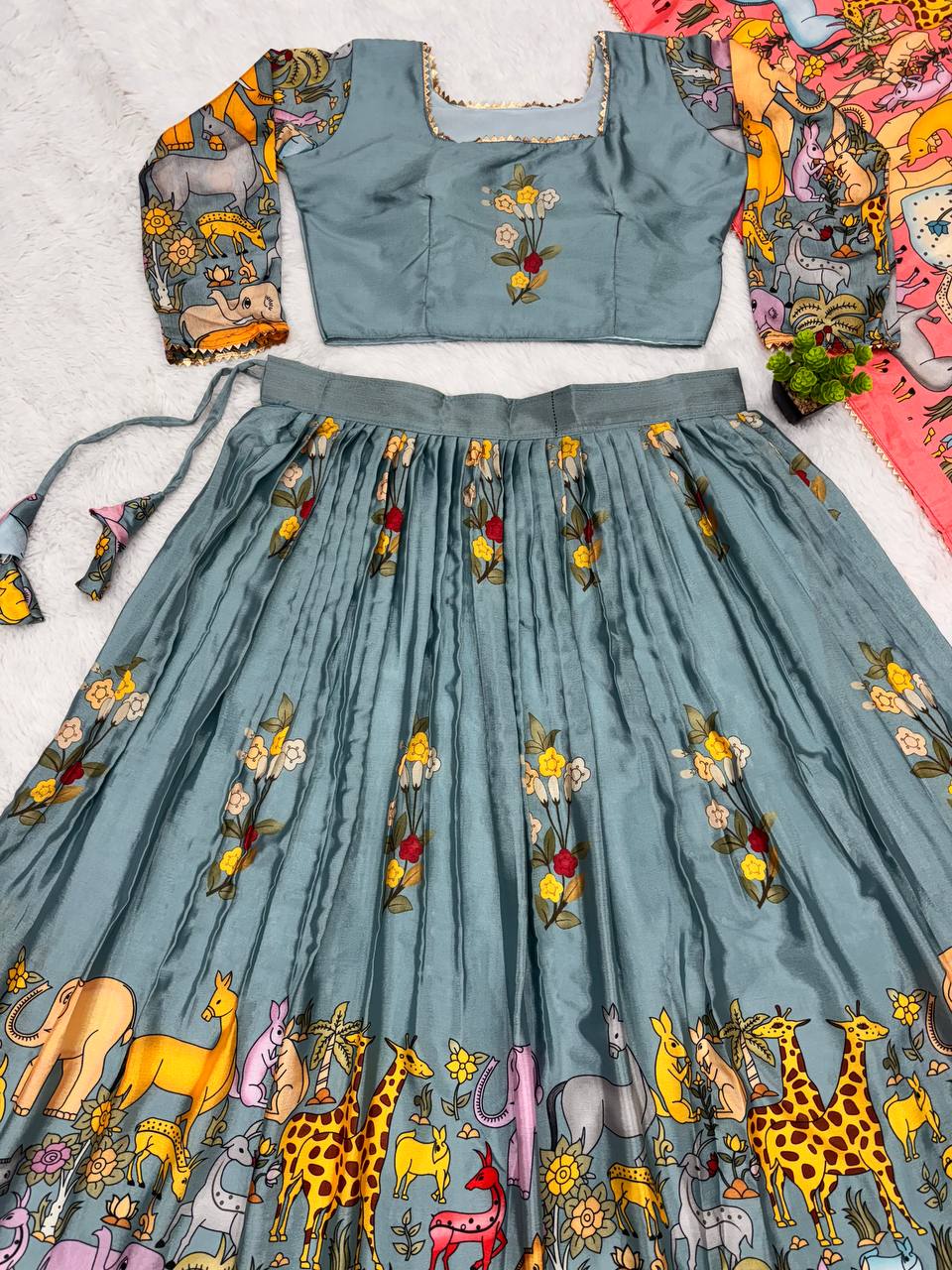 Hand-Painted Wildlife Print Lehenga Set – Vibrant Ethnic Wear with Jungle Safari Theme | Designer Indian Outfit