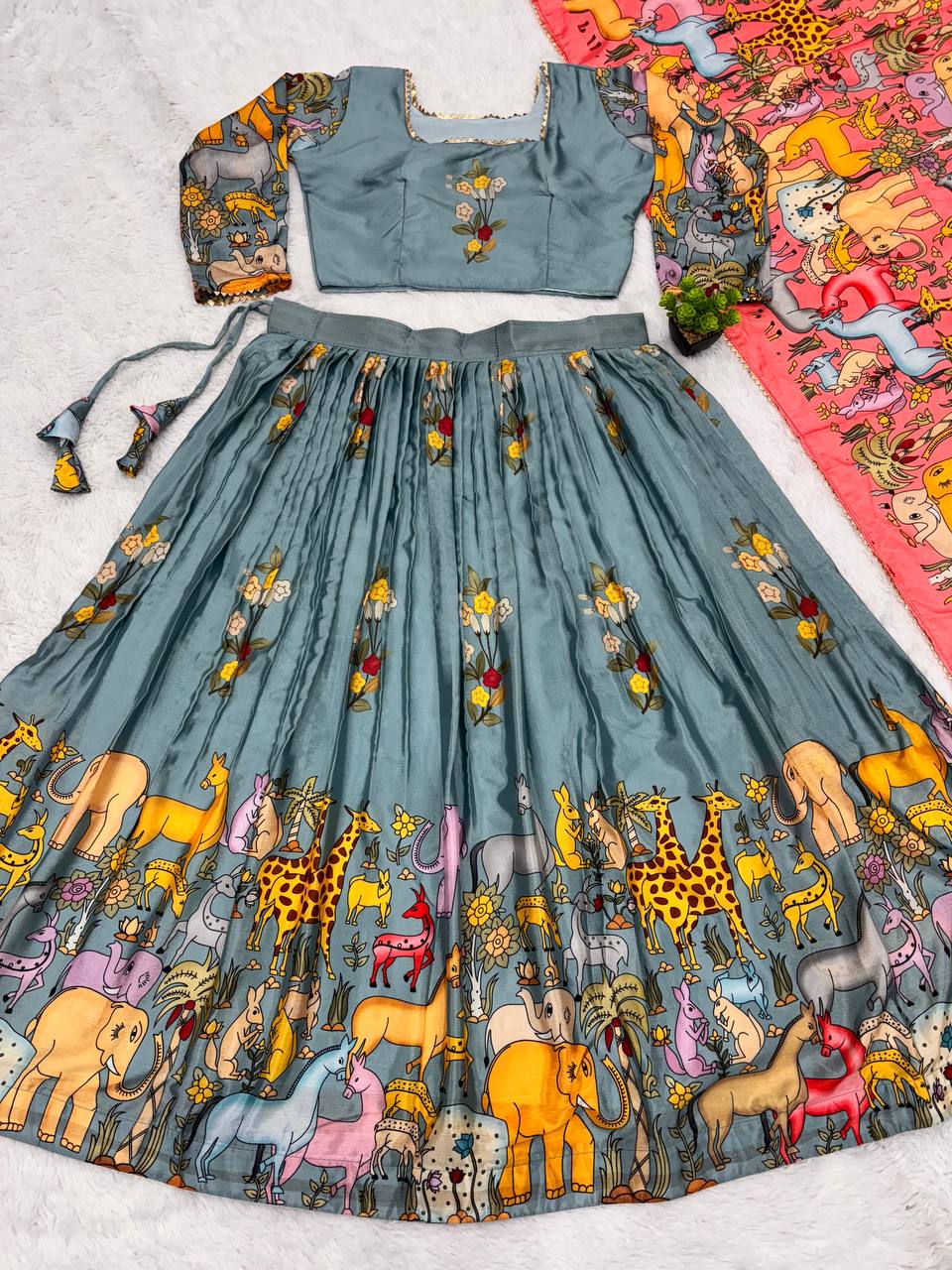Hand-Painted Wildlife Print Lehenga Set – Vibrant Ethnic Wear with Jungle Safari Theme | Designer Indian Outfit