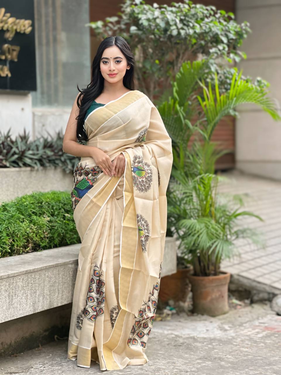 Beige Soft Banarasi Saree with Majestic Peacock Print – Elegant Traditional Wear for Women