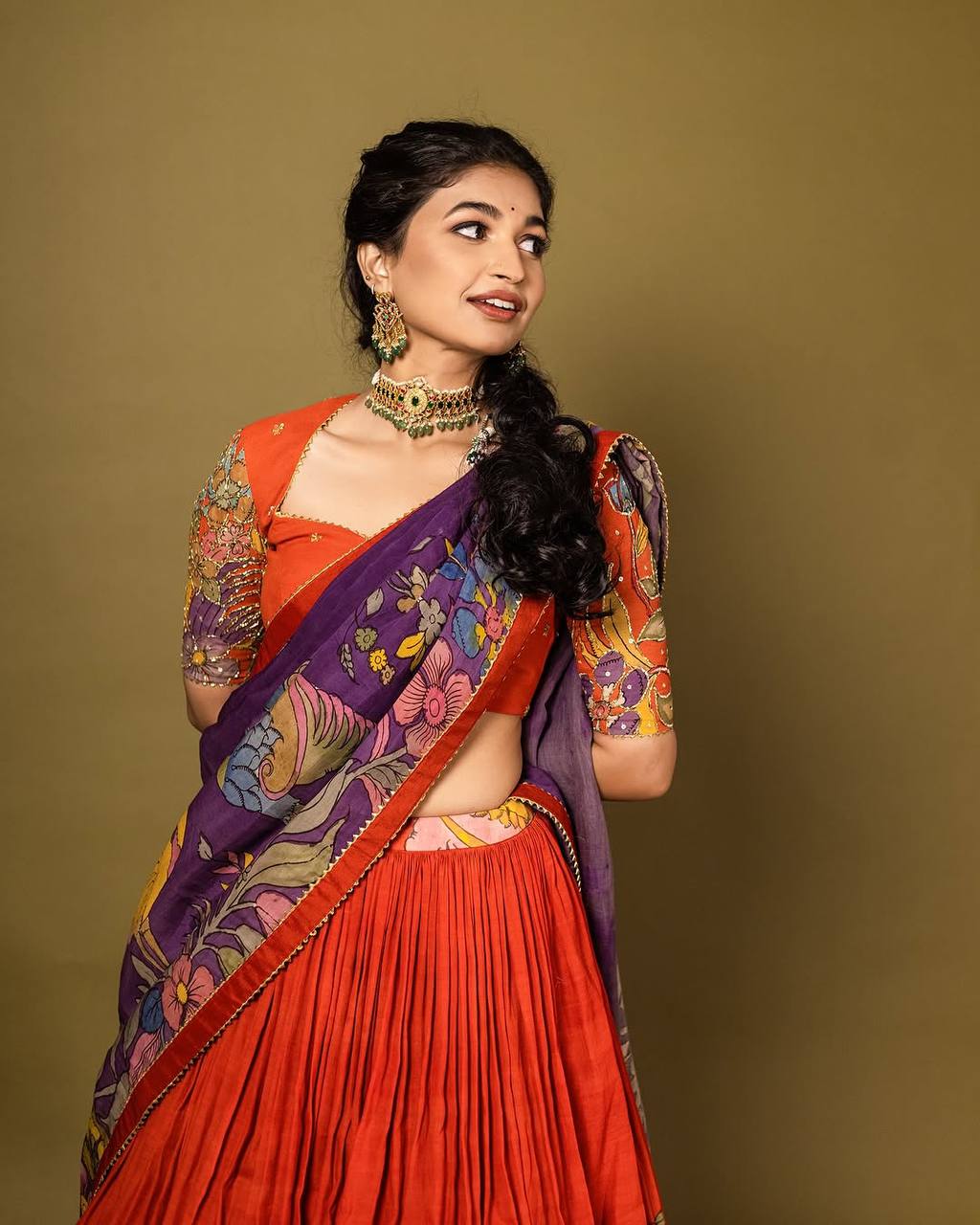 Orange Handcrafted Madhubani Print Lehenga Set with Contrast Purple Dupatta – Ethnic & Festive Wear for Women