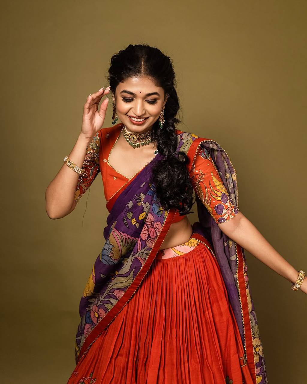 Orange Handcrafted Madhubani Print Lehenga Set with Contrast Purple Dupatta – Ethnic & Festive Wear for Women