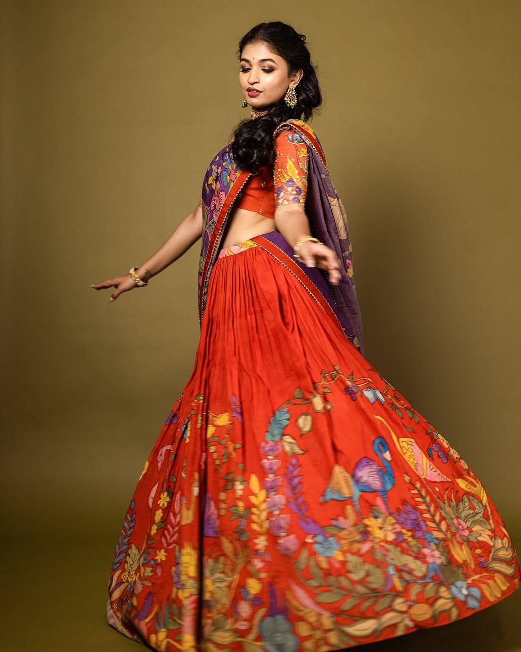 Orange Handcrafted Madhubani Print Lehenga Set with Contrast Purple Dupatta – Ethnic & Festive Wear for Women