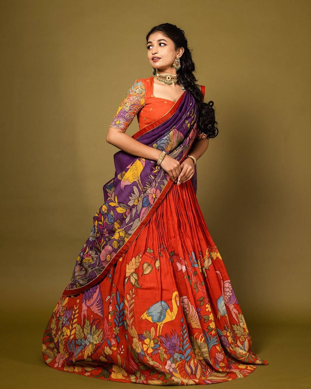 Orange Handcrafted Madhubani Print Lehenga Set with Contrast Purple Dupatta – Ethnic & Festive Wear for Women