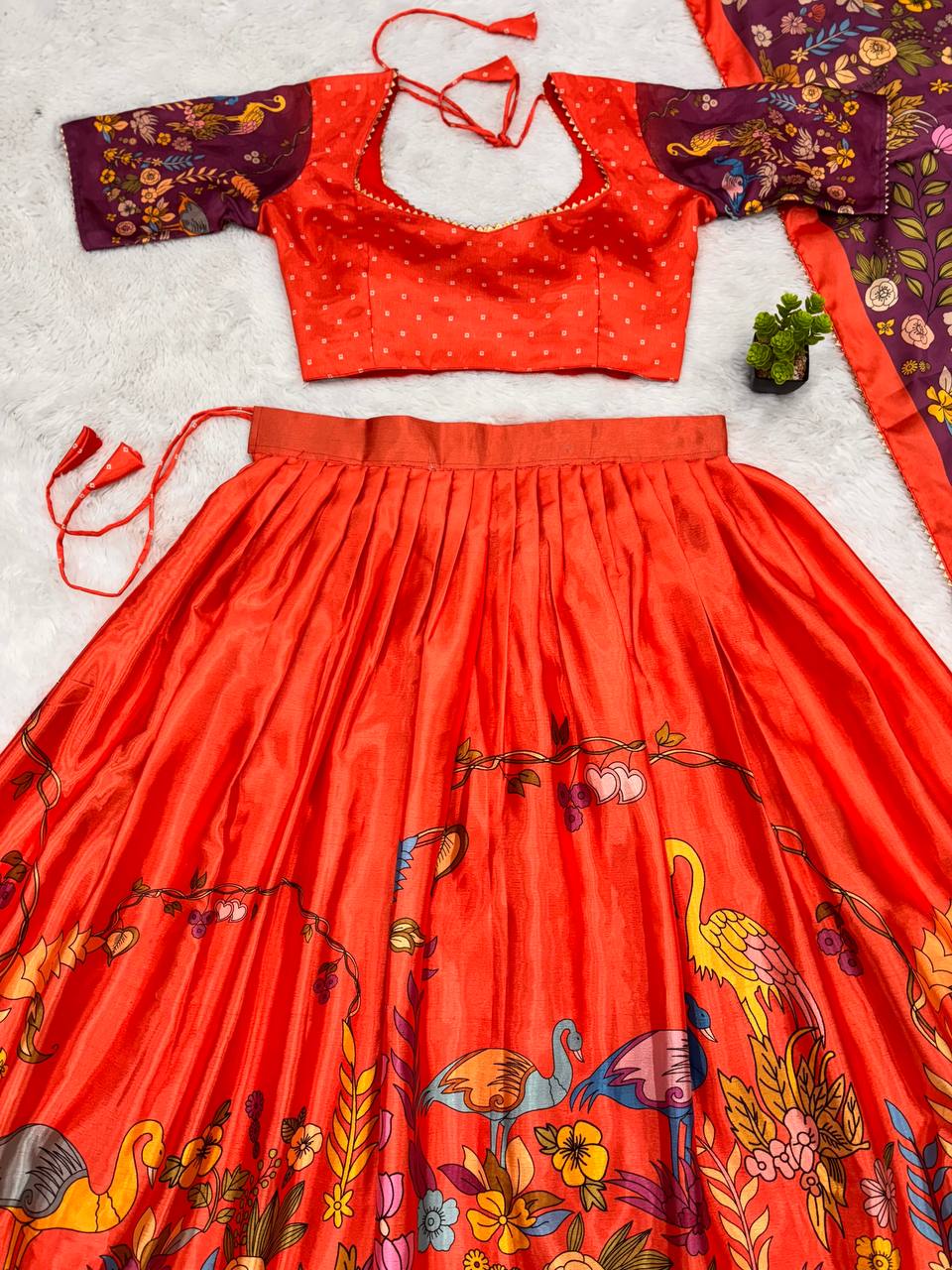 Orange Handcrafted Madhubani Print Lehenga Set with Contrast Purple Dupatta – Ethnic & Festive Wear for Women