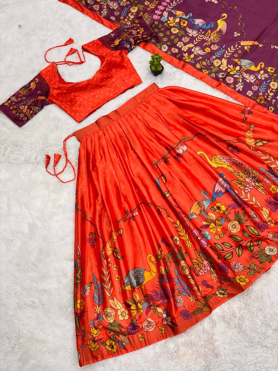 Orange Handcrafted Madhubani Print Lehenga Set with Contrast Purple Dupatta – Ethnic & Festive Wear for Women