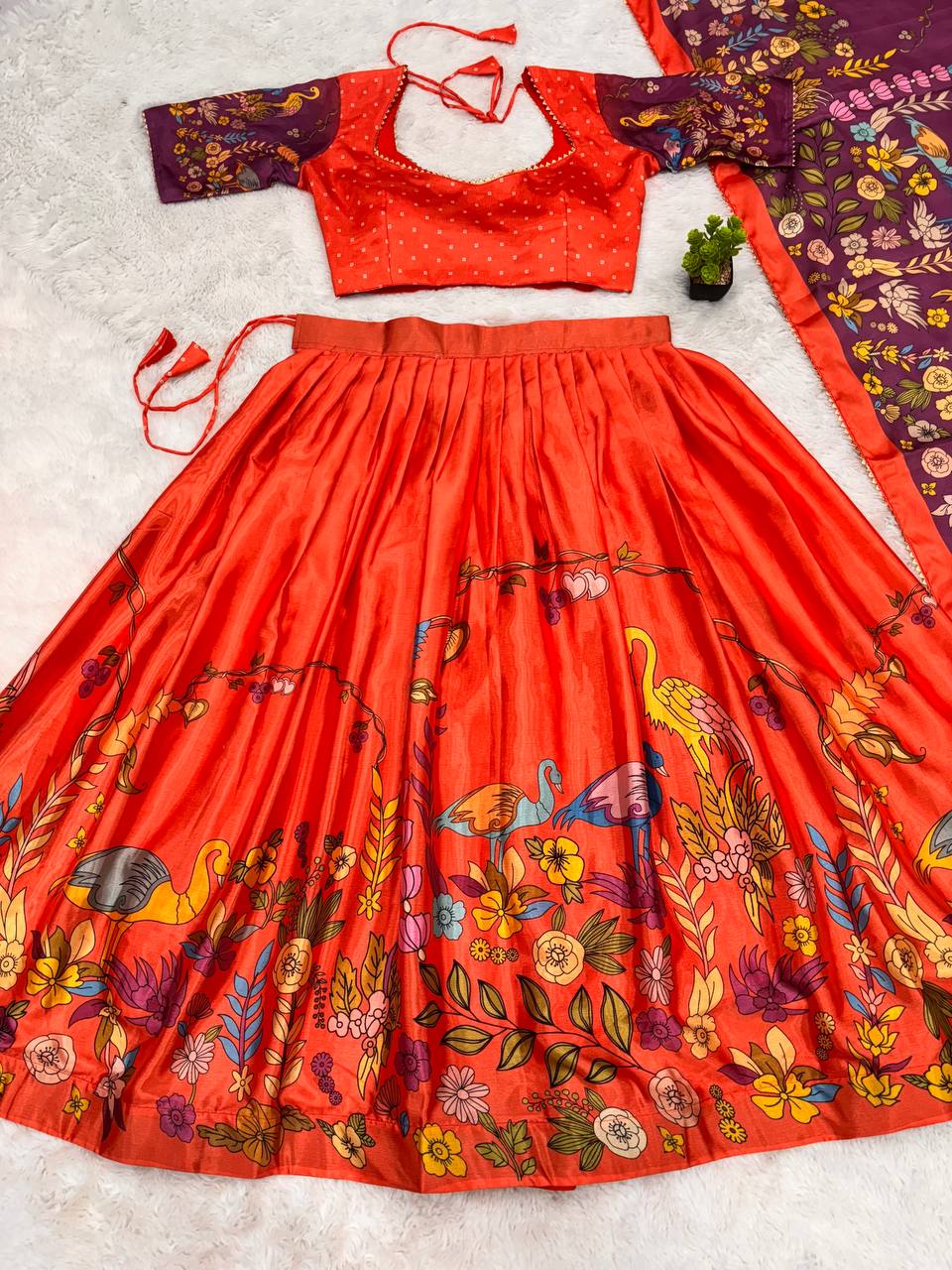 Orange Handcrafted Madhubani Print Lehenga Set with Contrast Purple Dupatta – Ethnic & Festive Wear for Women