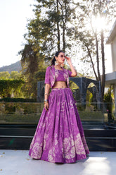 Elegant Purple Floral Printed Lehenga Set with Crop Top & Jacket – Festive & Wedding Wear for Women
