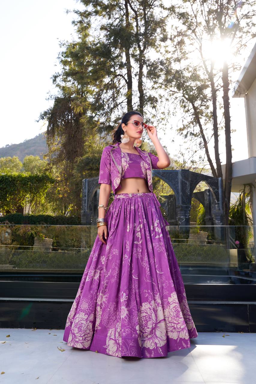 Elegant Purple Floral Printed Lehenga Set with Crop Top & Jacket – Festive & Wedding Wear for Women