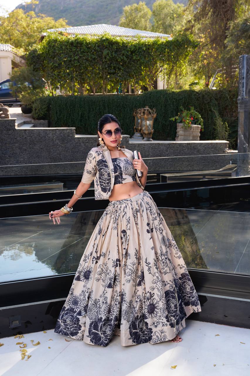 Elegant Beige Floral Printed Lehenga Set with Crop Top & Jacket – Festive & Wedding Wear for Women