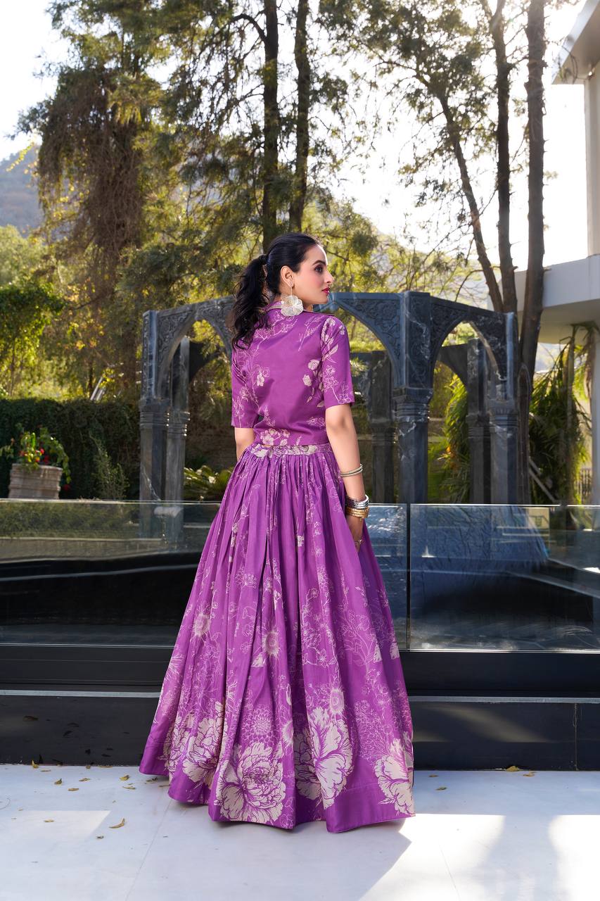 Elegant Purple Floral Printed Lehenga Set with Crop Top & Jacket – Festive & Wedding Wear for Women