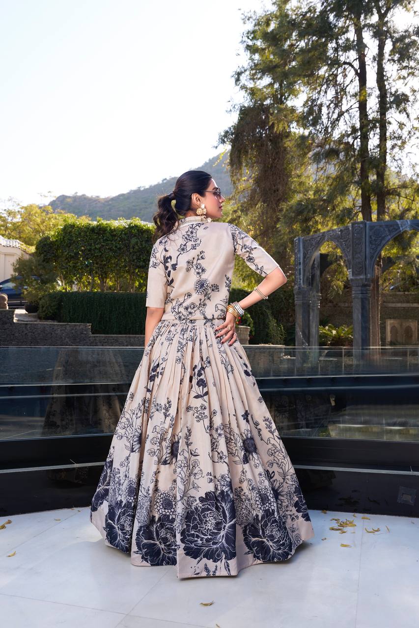 Elegant Beige Floral Printed Lehenga Set with Crop Top & Jacket – Festive & Wedding Wear for Women