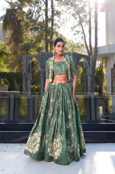 Elegant Green Floral Printed Lehenga Set with Crop Top & Jacket – Festive & Wedding Wear for Women