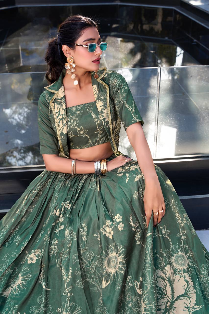 Elegant Green Floral Printed Lehenga Set with Crop Top & Jacket – Festive & Wedding Wear for Women