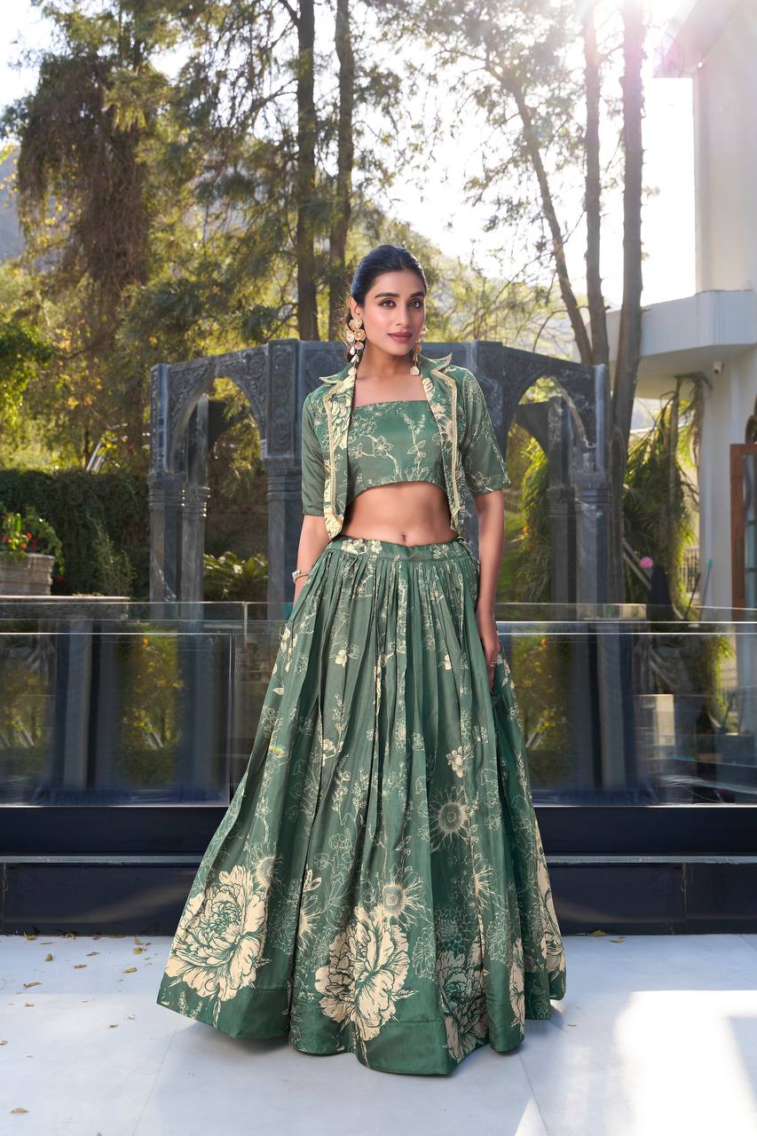 Elegant Green Floral Printed Lehenga Set with Crop Top & Jacket – Festive & Wedding Wear for Women