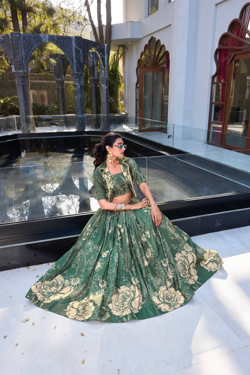 Elegant Green Floral Printed Lehenga Set with Crop Top & Jacket – Festive & Wedding Wear for Women