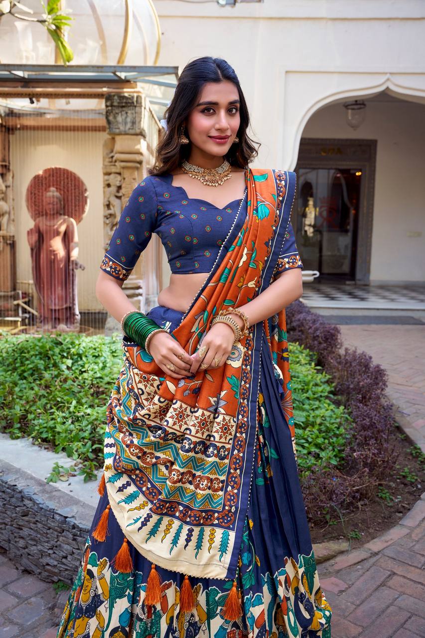 Navy Blue Ethnic Lehenga Set with Kalamkari Print & Orange Floral Dupatta – Festive Traditional Wear