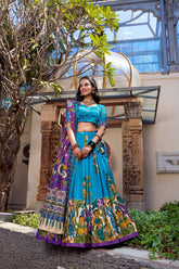 Teal Blue Traditional Lehenga Set with Purple Dupatta & Folk Art Border – Festive Ethnic Wear for Women