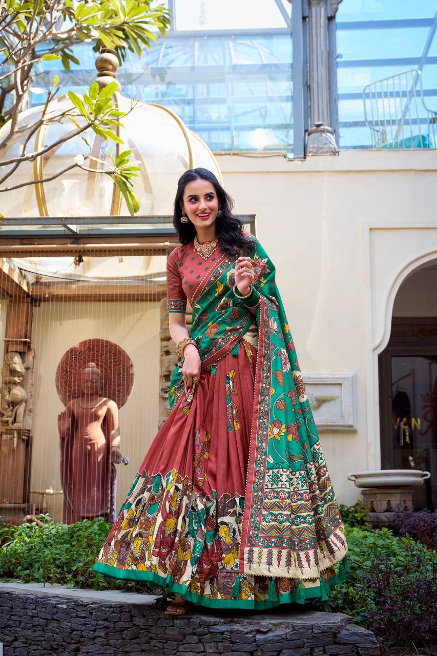 Rust Red Traditional Lehenga Set with Green Floral Dupatta & Folk Art Print – Ethnic Festive Wear