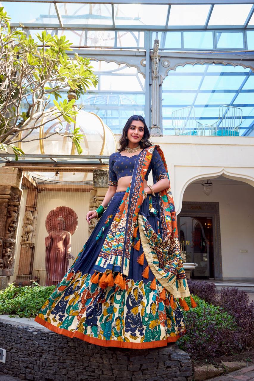 Navy Blue Ethnic Lehenga Set with Kalamkari Print & Orange Floral Dupatta – Festive Traditional Wear