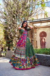 Green Traditional Lehenga Set with Pink Dupatta & Folk Art Border – Festive Ethnic Wear for Women