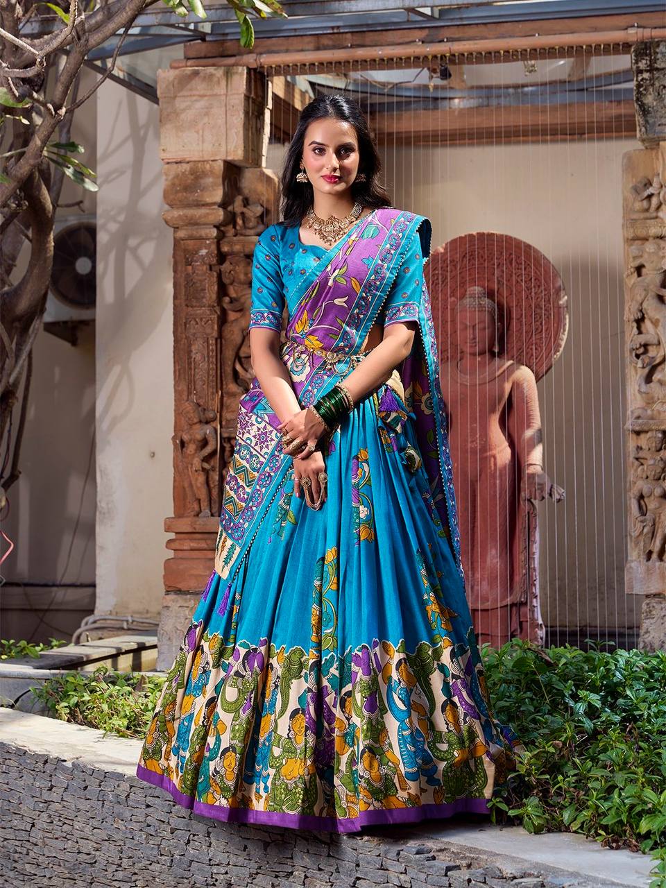 Teal Blue Traditional Lehenga Set with Purple Dupatta & Folk Art Border – Festive Ethnic Wear for Women