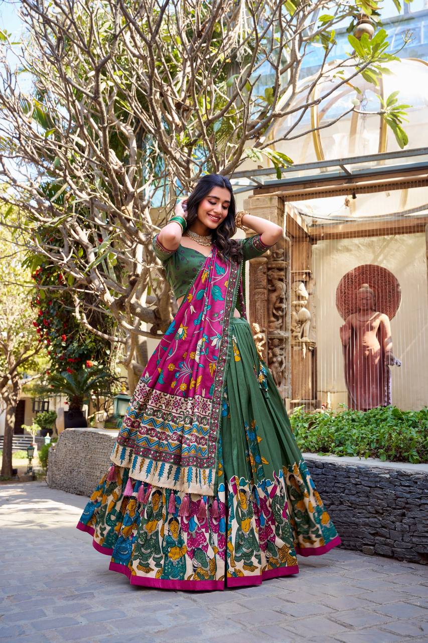 Green Traditional Lehenga Set with Pink Dupatta & Folk Art Border – Festive Ethnic Wear for Women