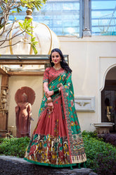 Rust Red Traditional Lehenga Set with Green Floral Dupatta & Folk Art Print – Ethnic Festive Wear