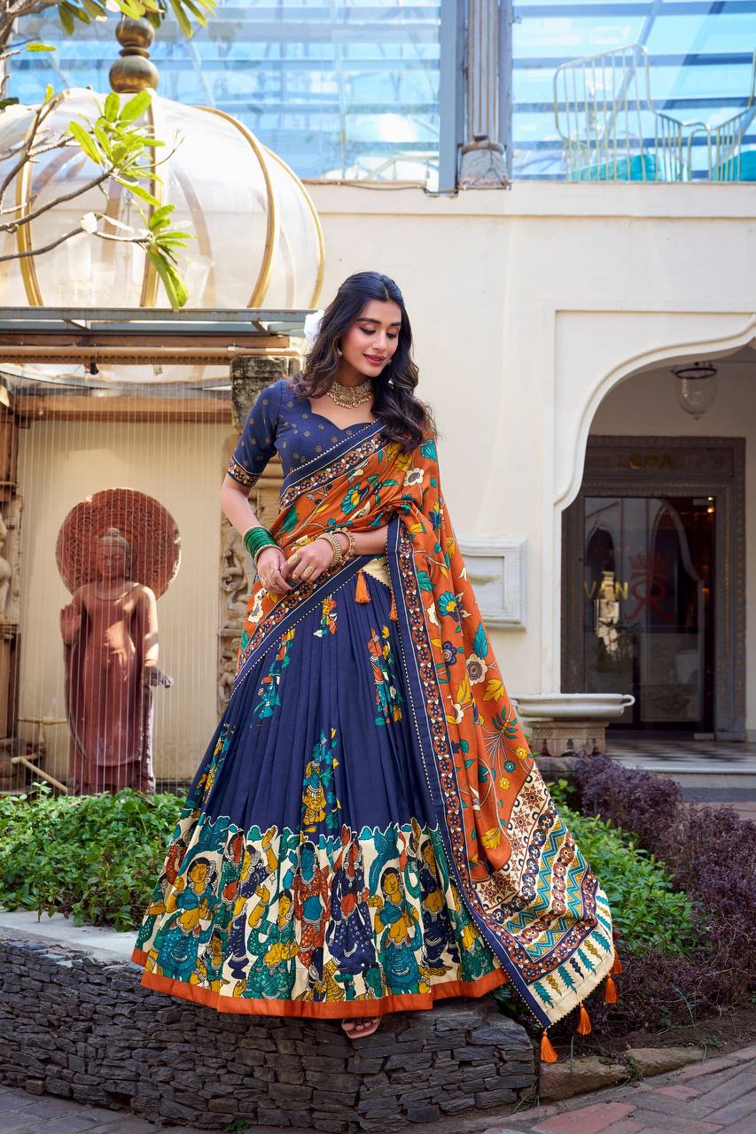 Navy Blue Ethnic Lehenga Set with Kalamkari Print & Orange Floral Dupatta – Festive Traditional Wear
