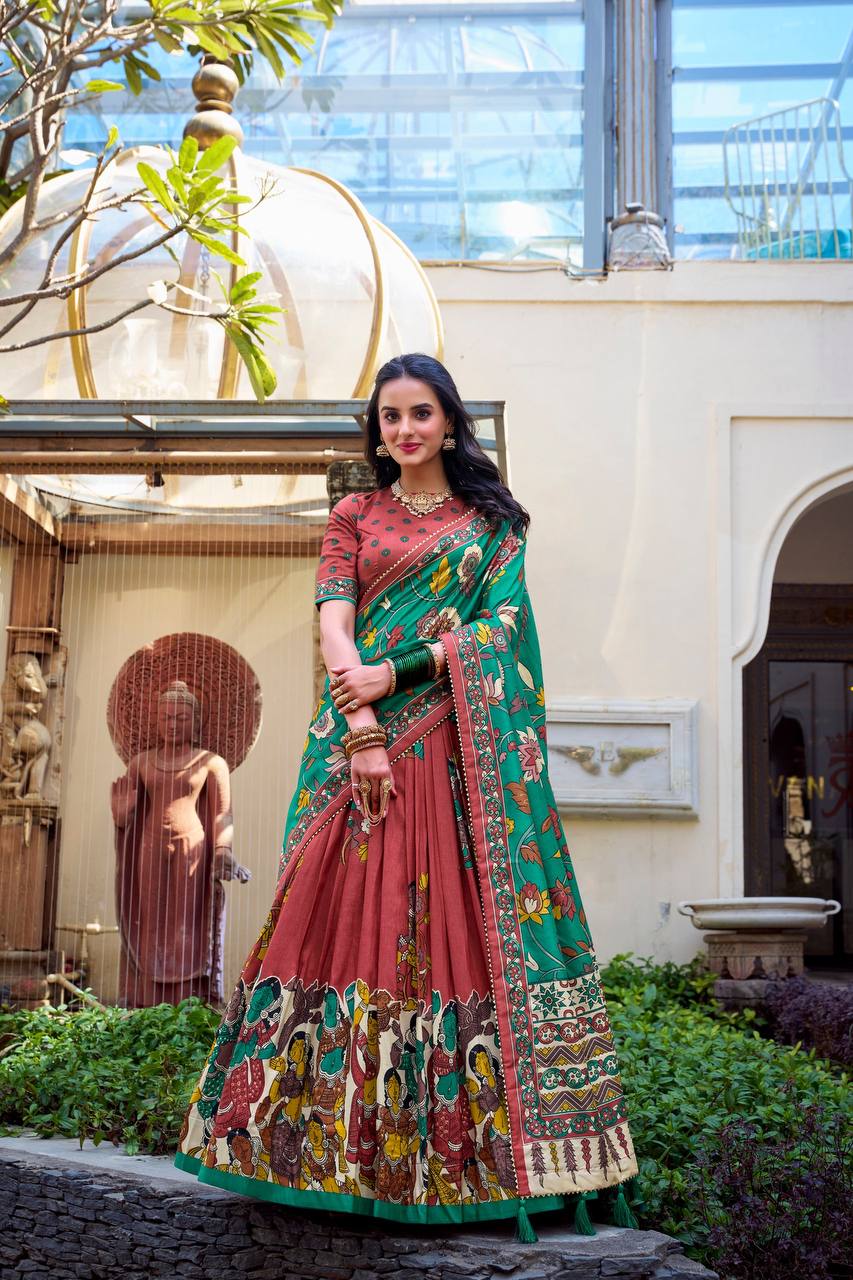 Rust Red Traditional Lehenga Set with Green Floral Dupatta & Folk Art Print – Ethnic Festive Wear