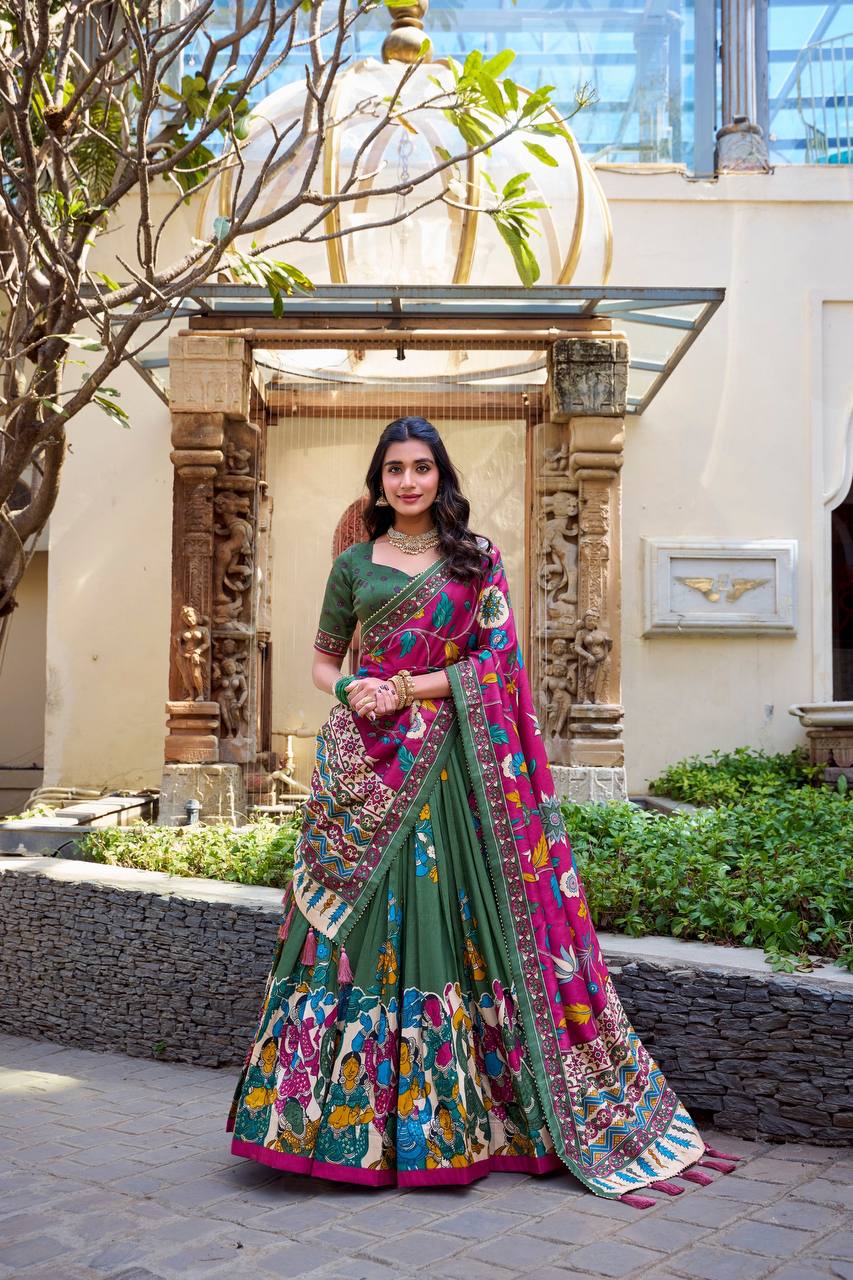 Green Traditional Lehenga Set with Pink Dupatta & Folk Art Border – Festive Ethnic Wear for Women