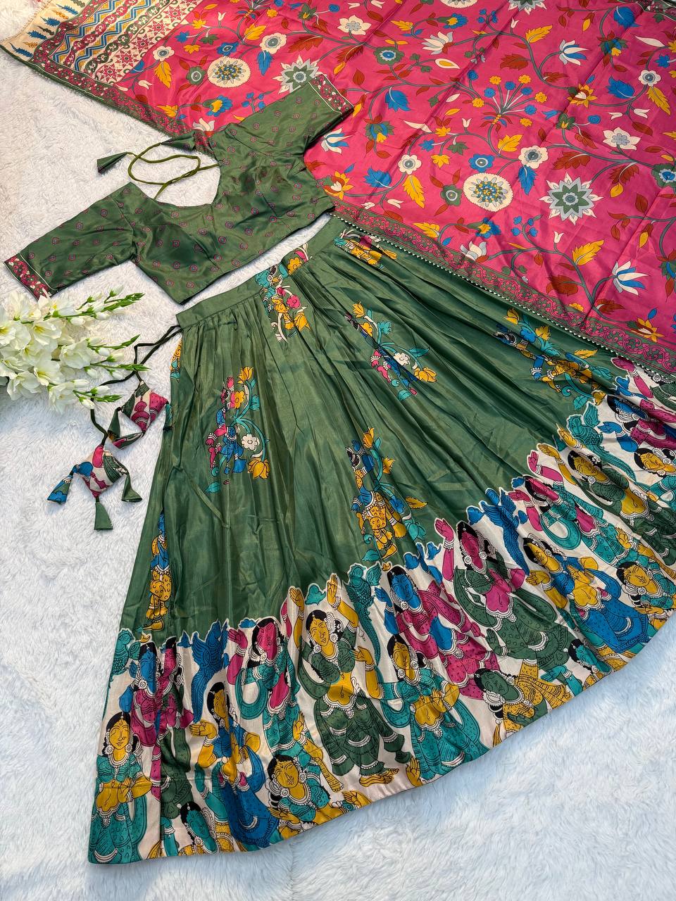 Green Traditional Lehenga Set with Pink Dupatta & Folk Art Border – Festive Ethnic Wear for Women