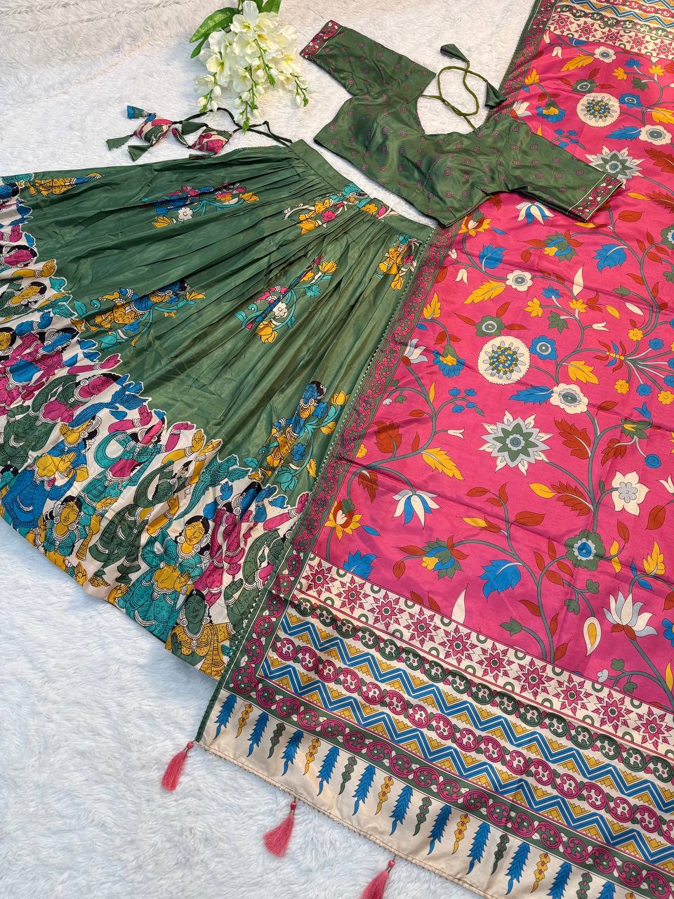 Green Traditional Lehenga Set with Pink Dupatta & Folk Art Border – Festive Ethnic Wear for Women