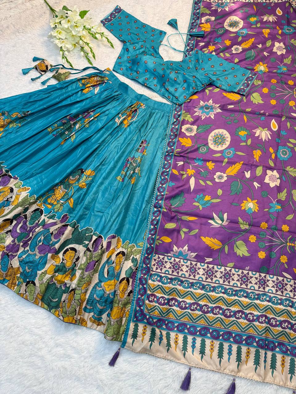 Teal Blue Traditional Lehenga Set with Purple Dupatta & Folk Art Border – Festive Ethnic Wear for Women