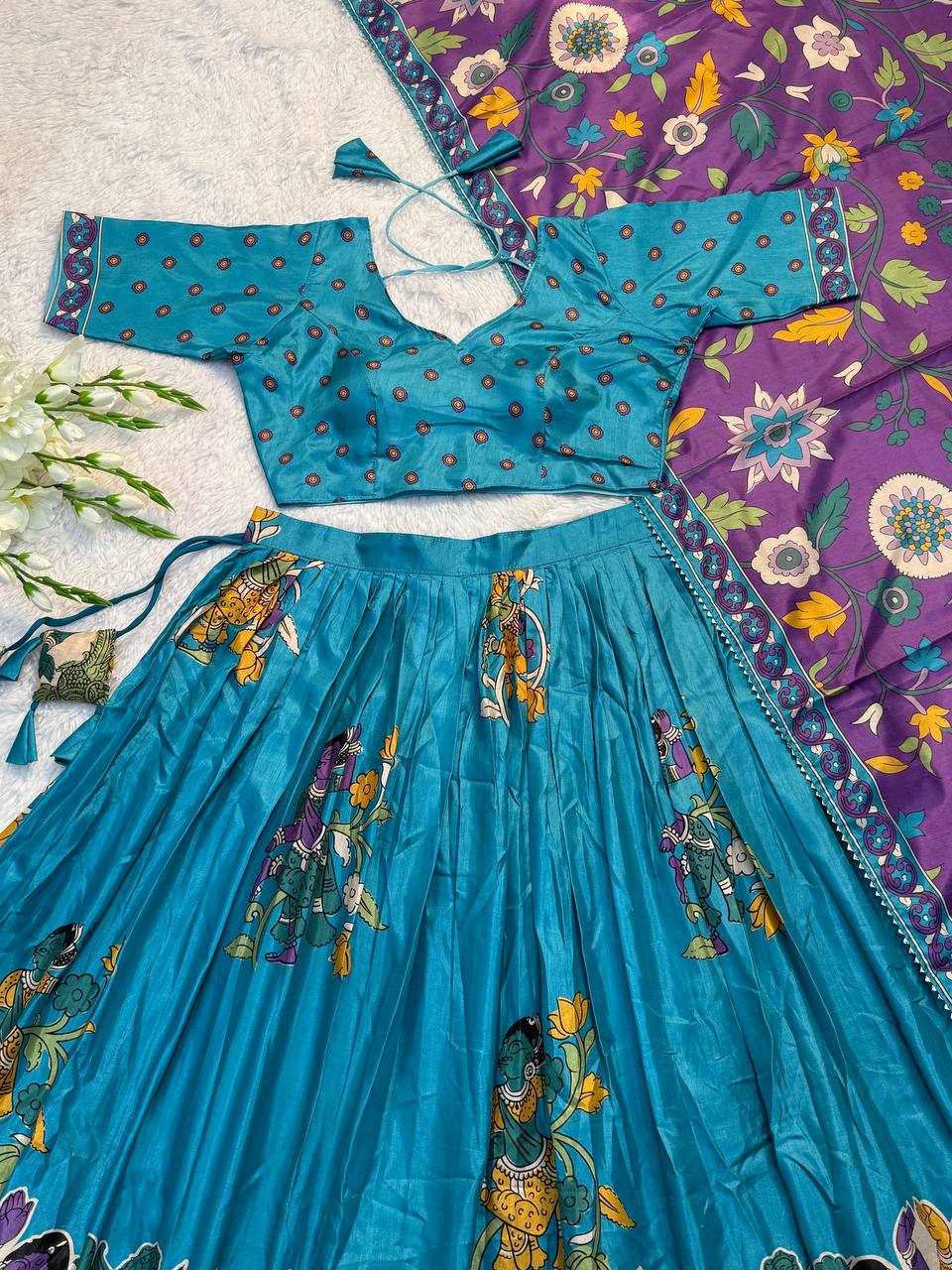 Teal Blue Traditional Lehenga Set with Purple Dupatta & Folk Art Border – Festive Ethnic Wear for Women