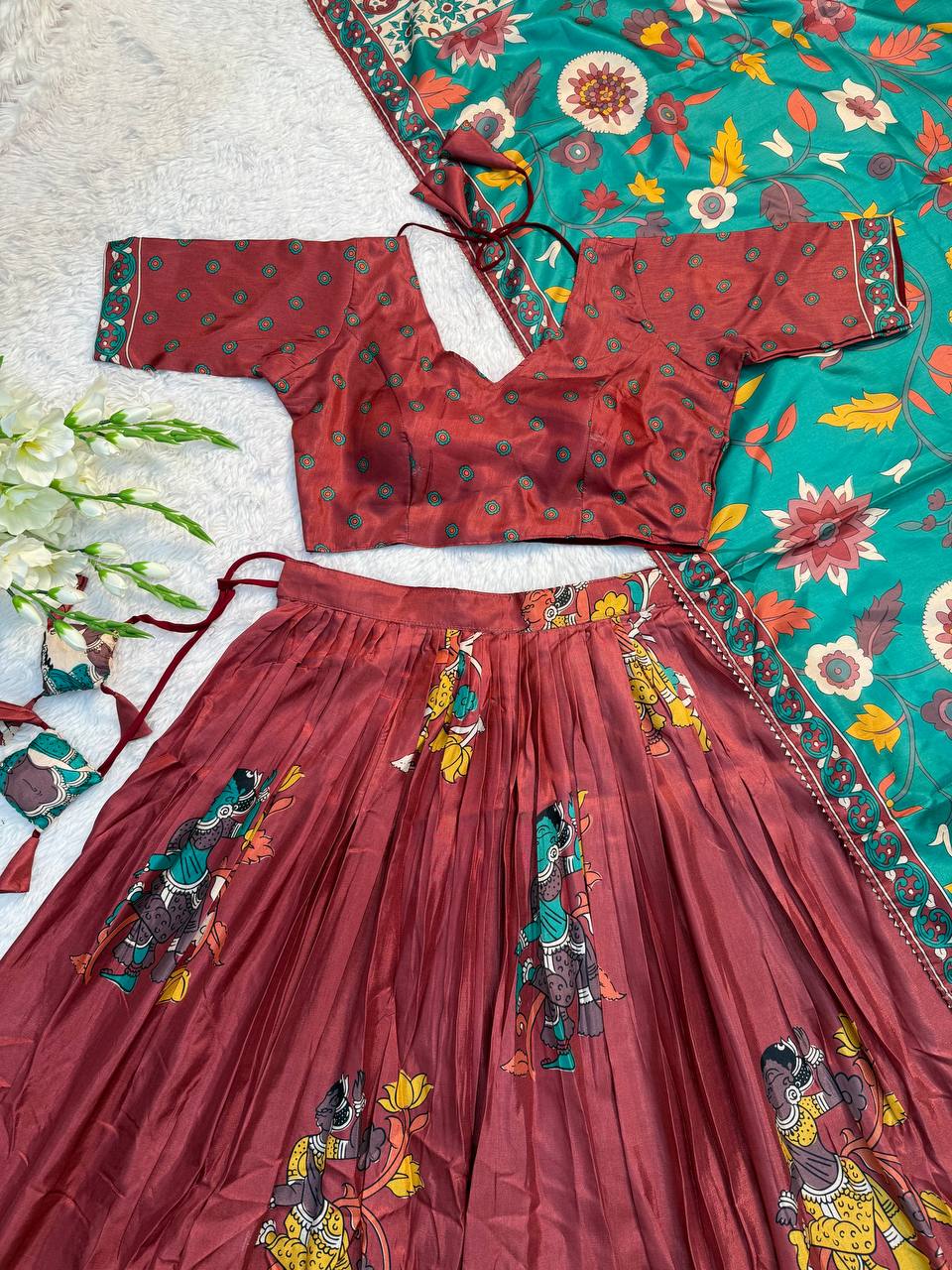 Rust Red Traditional Lehenga Set with Green Floral Dupatta & Folk Art Print – Ethnic Festive Wear