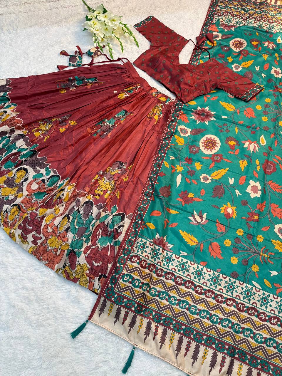 Rust Red Traditional Lehenga Set with Green Floral Dupatta & Folk Art Print – Ethnic Festive Wear