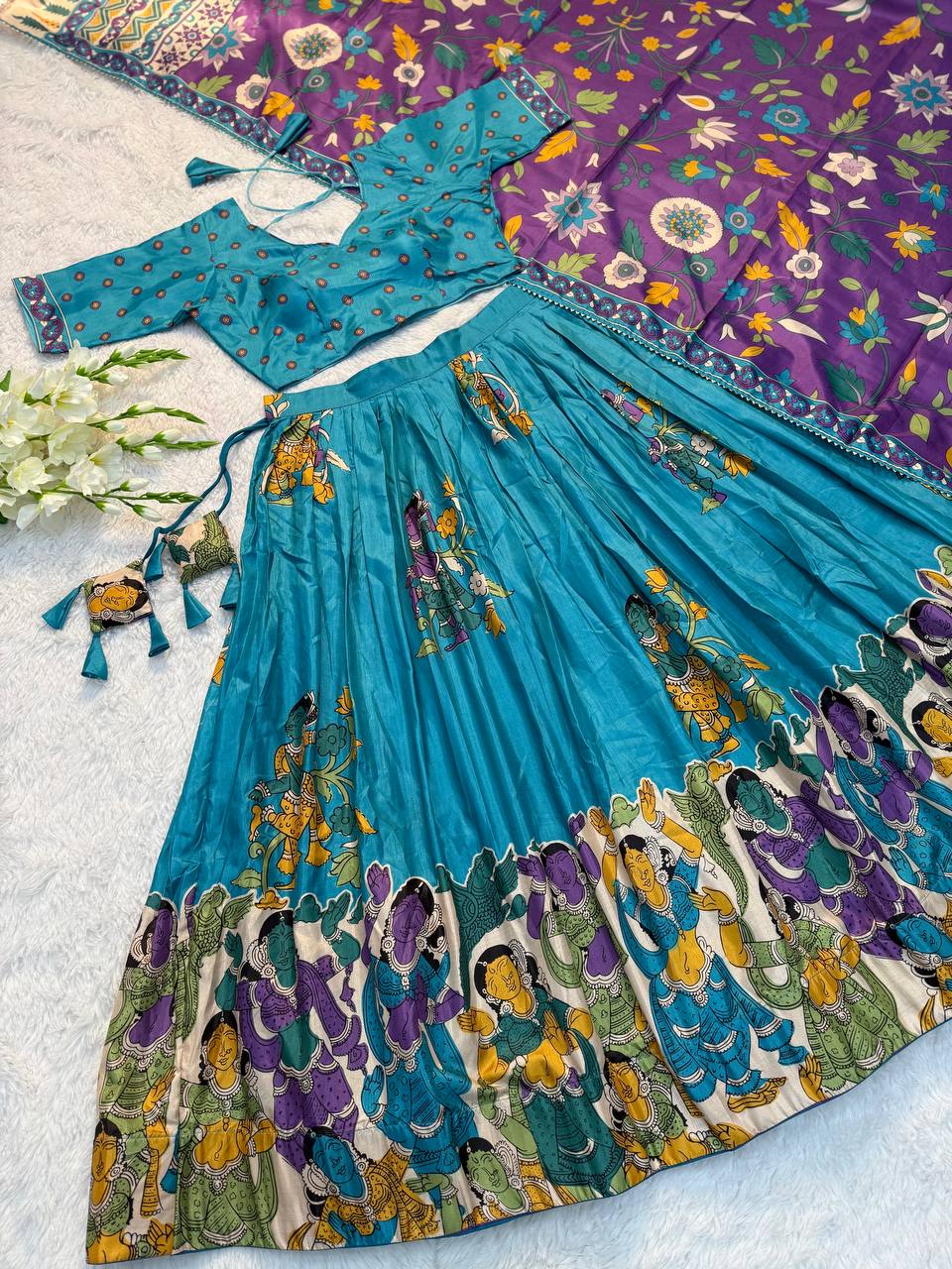 Teal Blue Traditional Lehenga Set with Purple Dupatta & Folk Art Border – Festive Ethnic Wear for Women