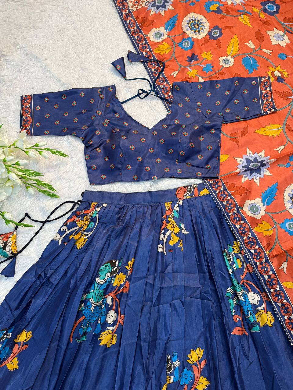 Navy Blue Ethnic Lehenga Set with Kalamkari Print & Orange Floral Dupatta – Festive Traditional Wear