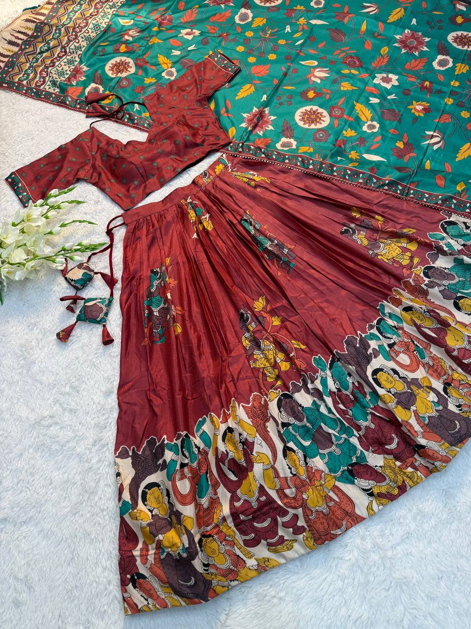 Rust Red Traditional Lehenga Set with Green Floral Dupatta & Folk Art Print – Ethnic Festive Wear