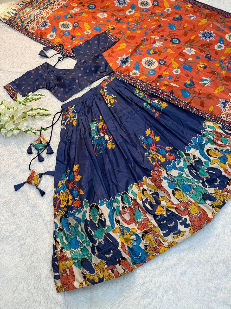 Navy Blue Ethnic Lehenga Set with Kalamkari Print & Orange Floral Dupatta – Festive Traditional Wear
